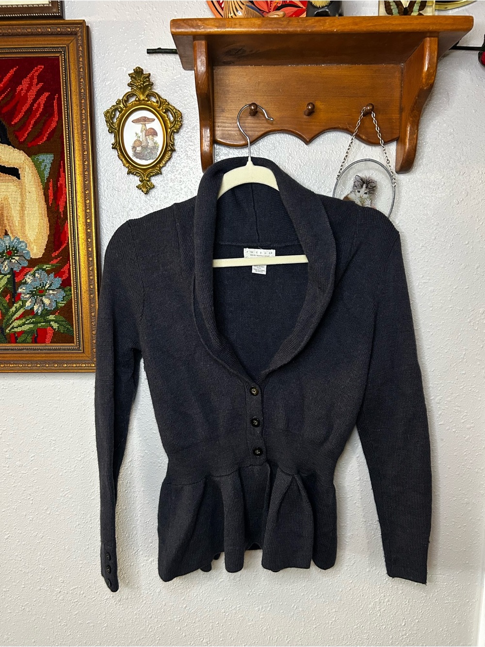 Tweeds Black Shawl Collar Peplum Cardigan Sweater